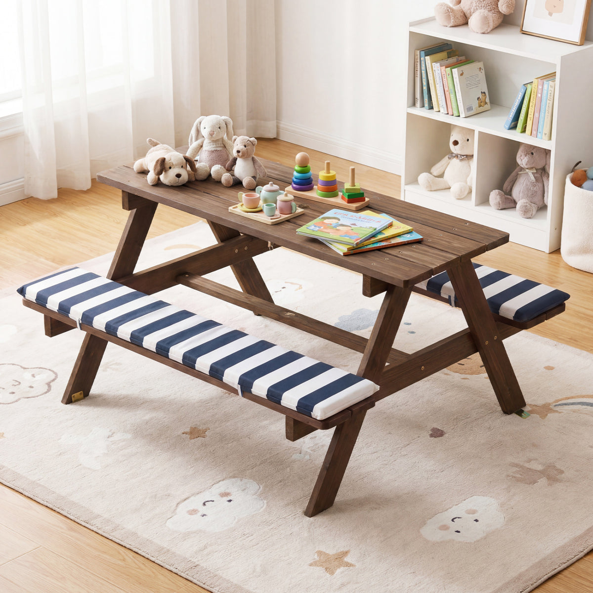 Fir Wood Kids Picnic Table with 2 Built-in Benches and Umbrella