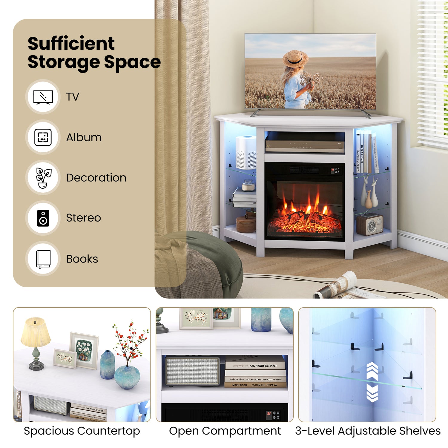 Fireplace Corner TV Stand with LED Lights and Smart APP Control for 50 Inches TV