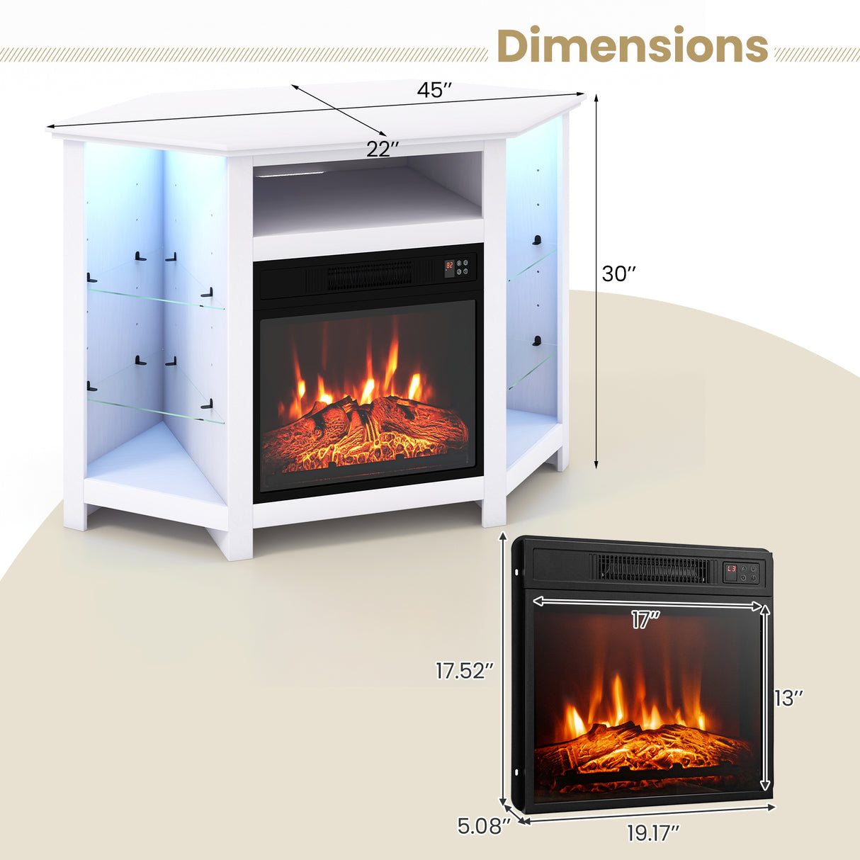 Fireplace Corner TV Stand with LED Lights and Smart APP Control for 50 Inches TV