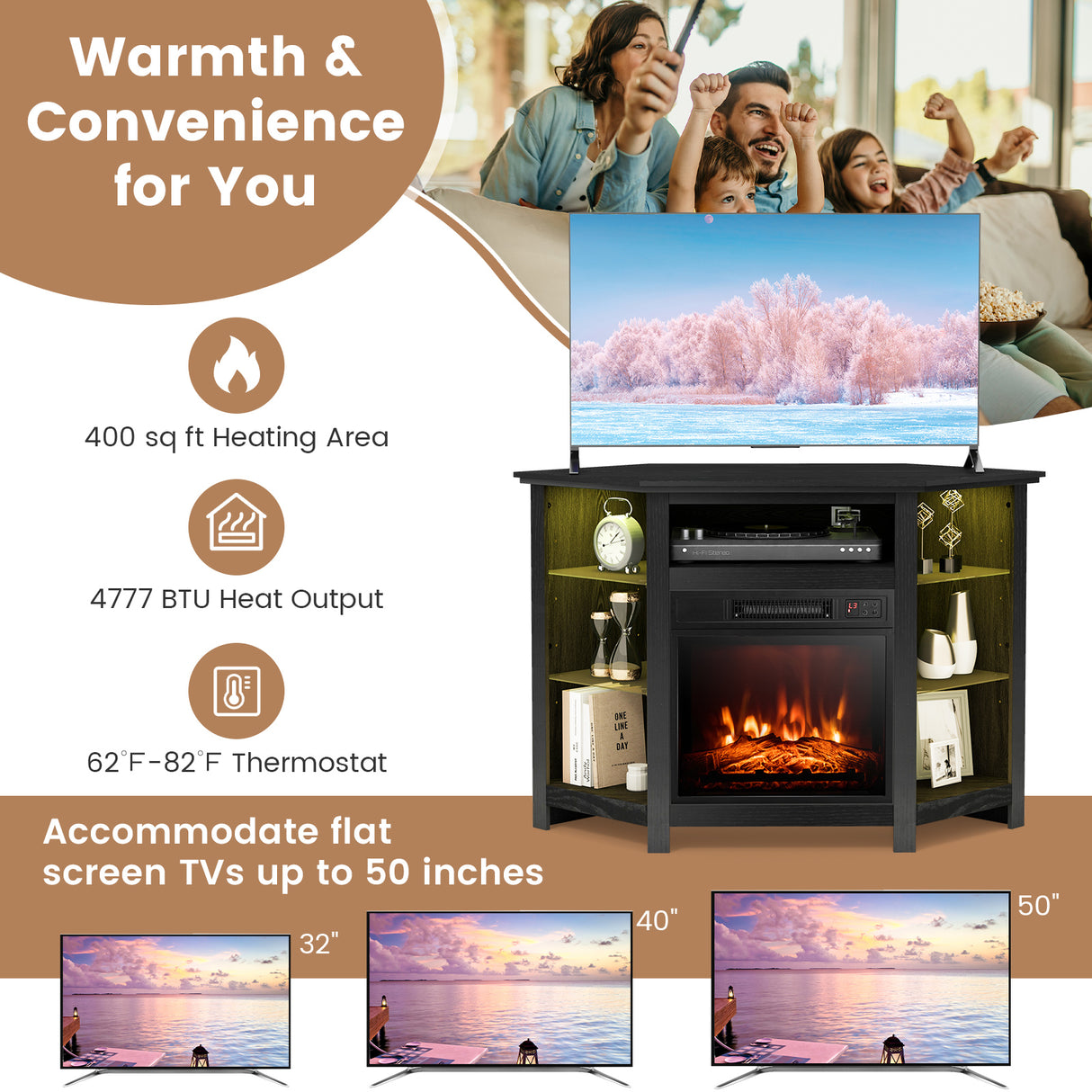Fireplace Corner TV Stand with LED Lights and Smart APP Control for 50 Inches TV
