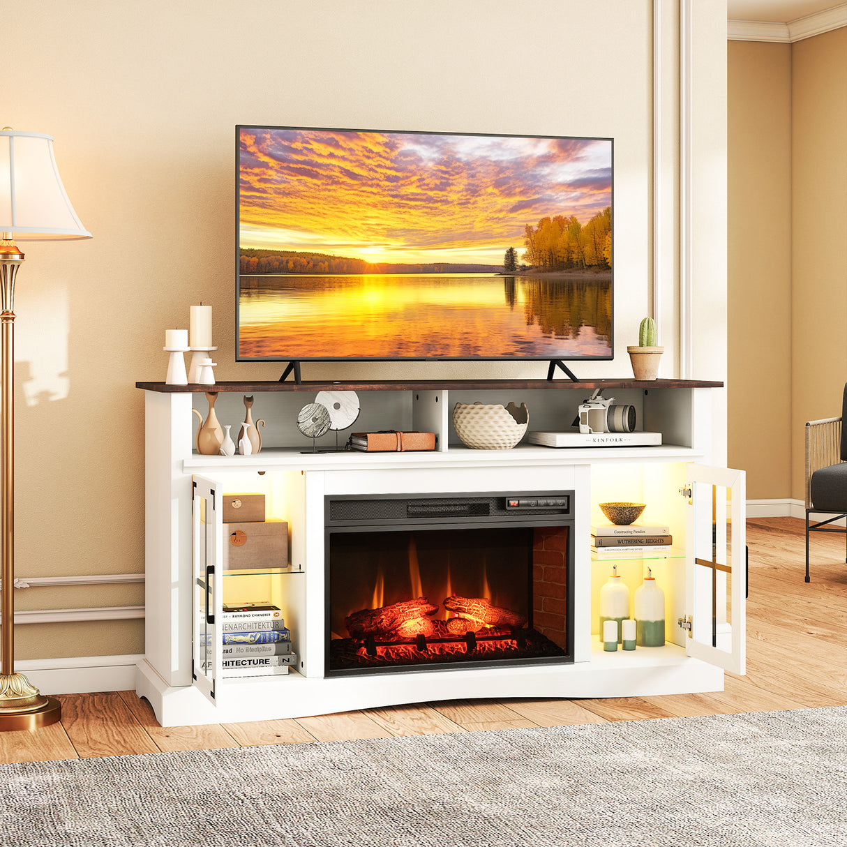 Fireplace TV Stand with Remote Controls and Thermostat for TVs Up to 50 Inch