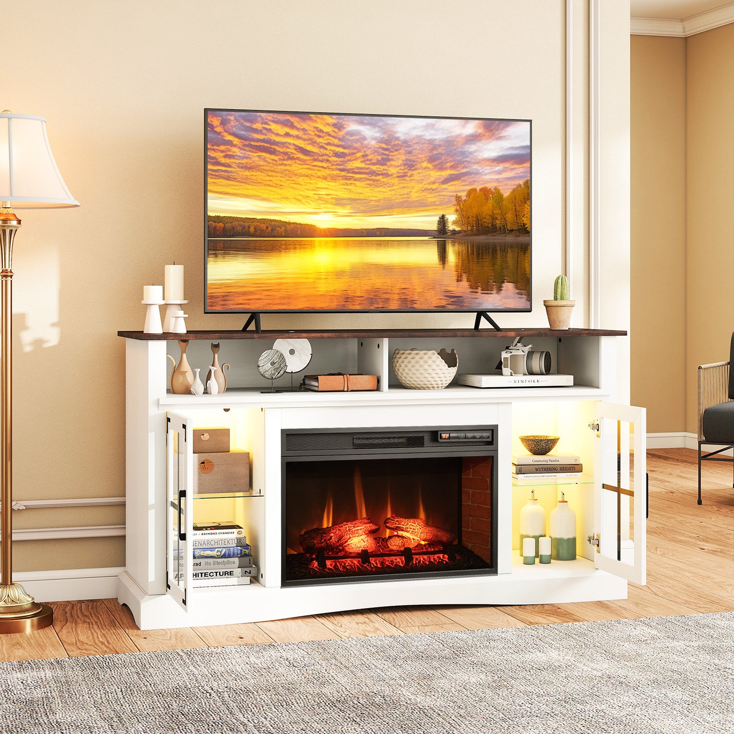 Fireplace TV Stand with Remote Controls and Thermostat for TVs Up to 50 Inch