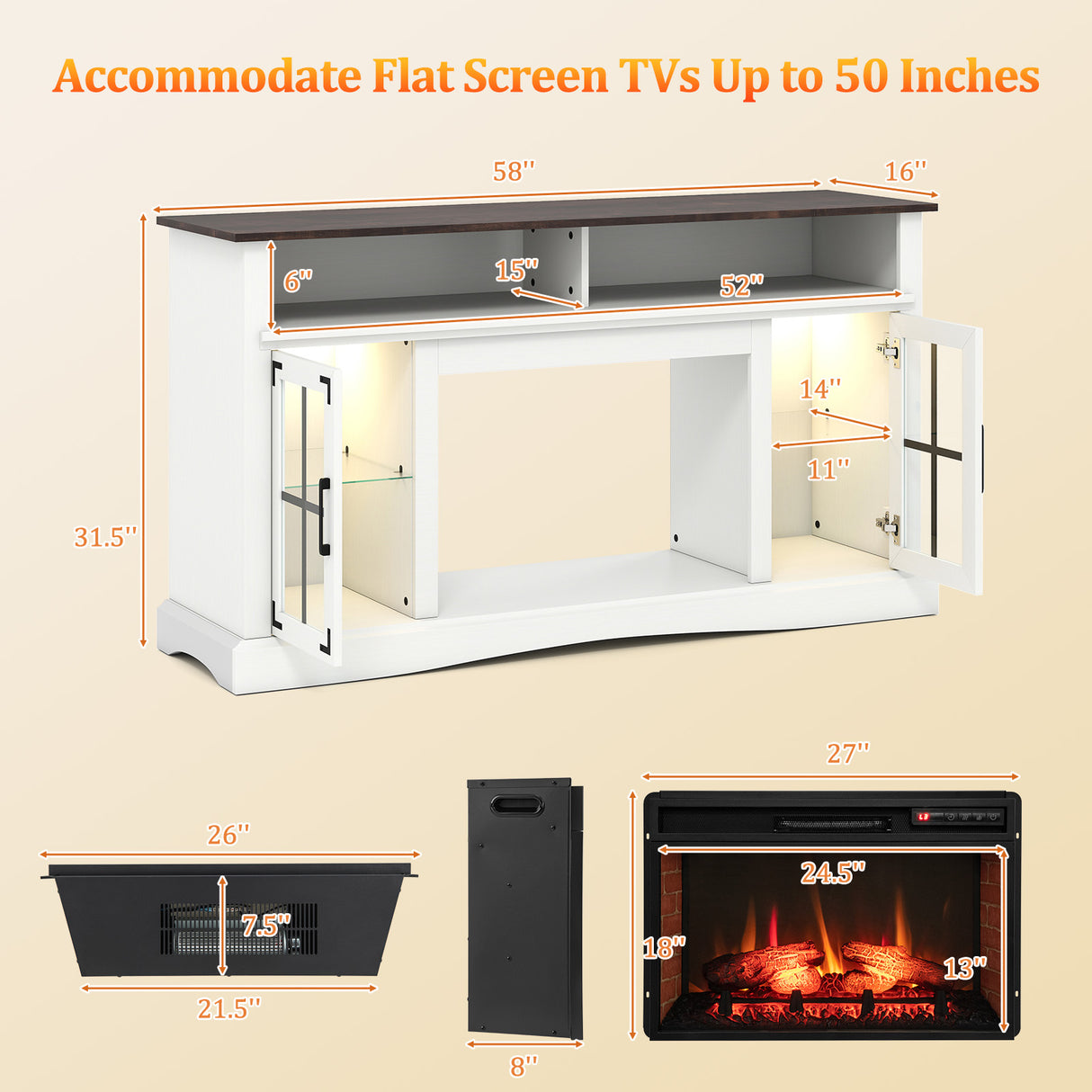 Fireplace TV Stand with Remote Controls and Thermostat for TVs Up to 50 Inch
