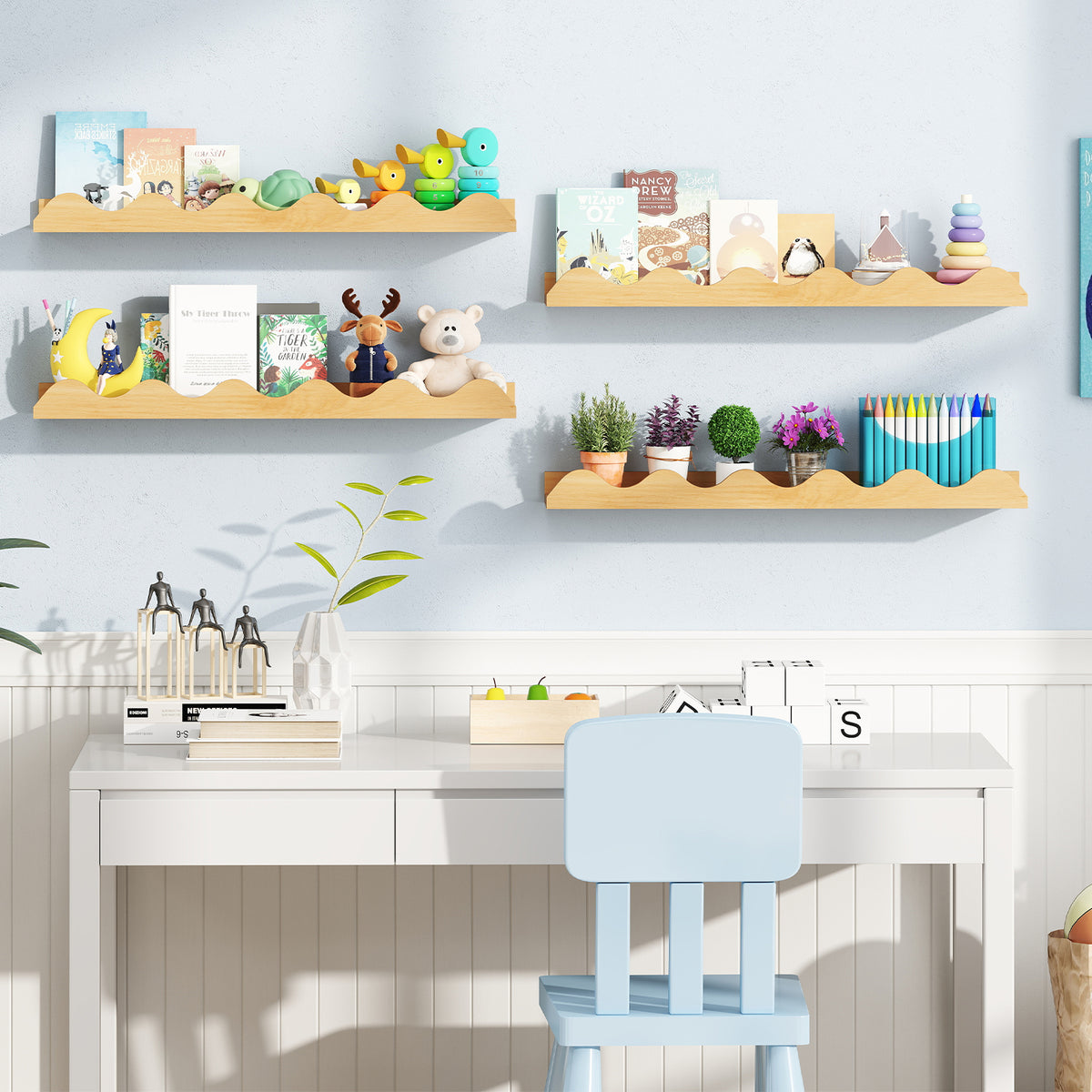 Kids Bookshelf Set of 4 Wall-Mounted Picture Ledge Shelf