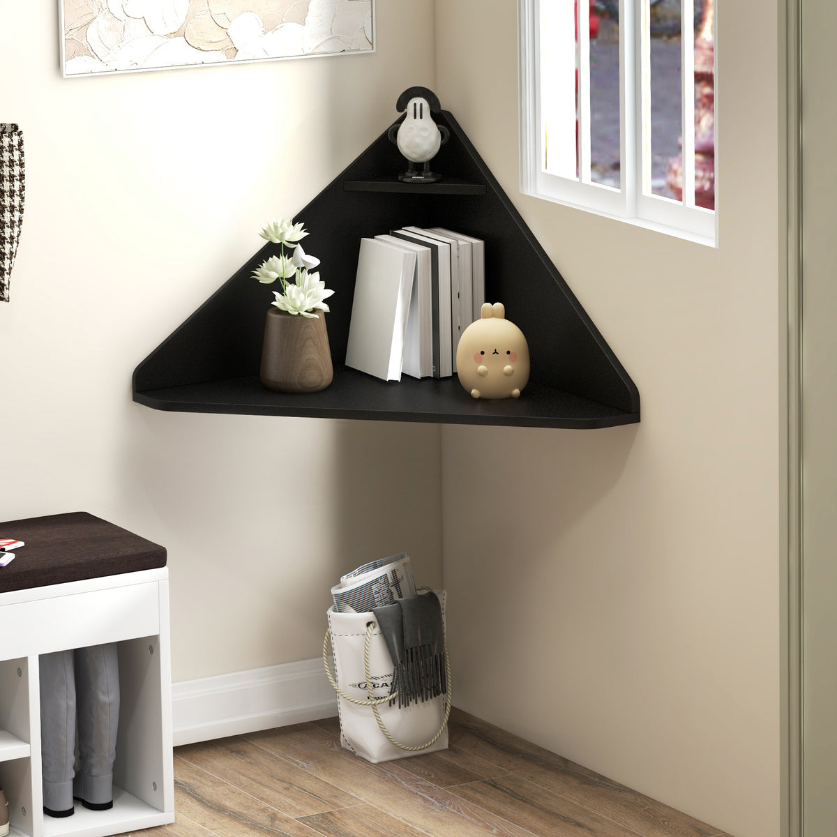 Floating Triangular Corner Computer Desk with Storage Shelf – Moogdesk