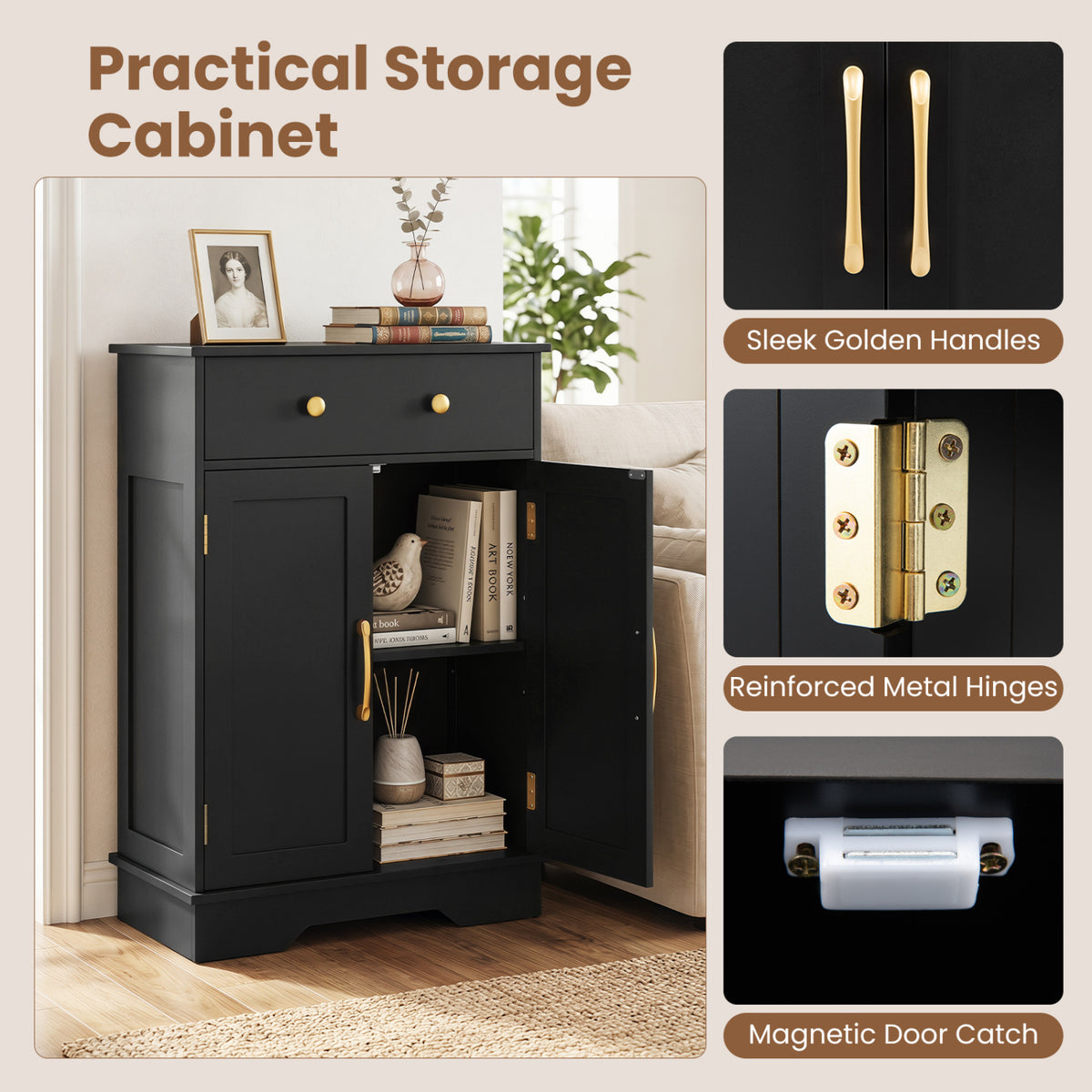 Floor Storage Cabinet with Doors Modern Buffet Sideboard with Drawer and Adjustable Shelf