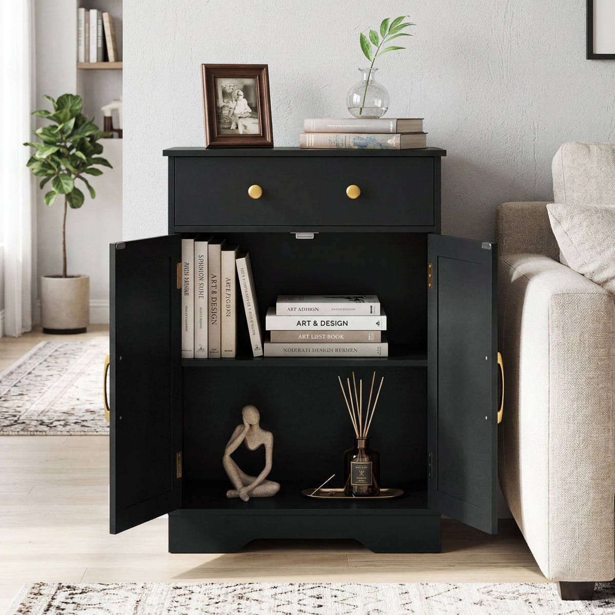 Floor Storage Cabinet with Doors Modern Buffet Sideboard with Drawer and Adjustable Shelf