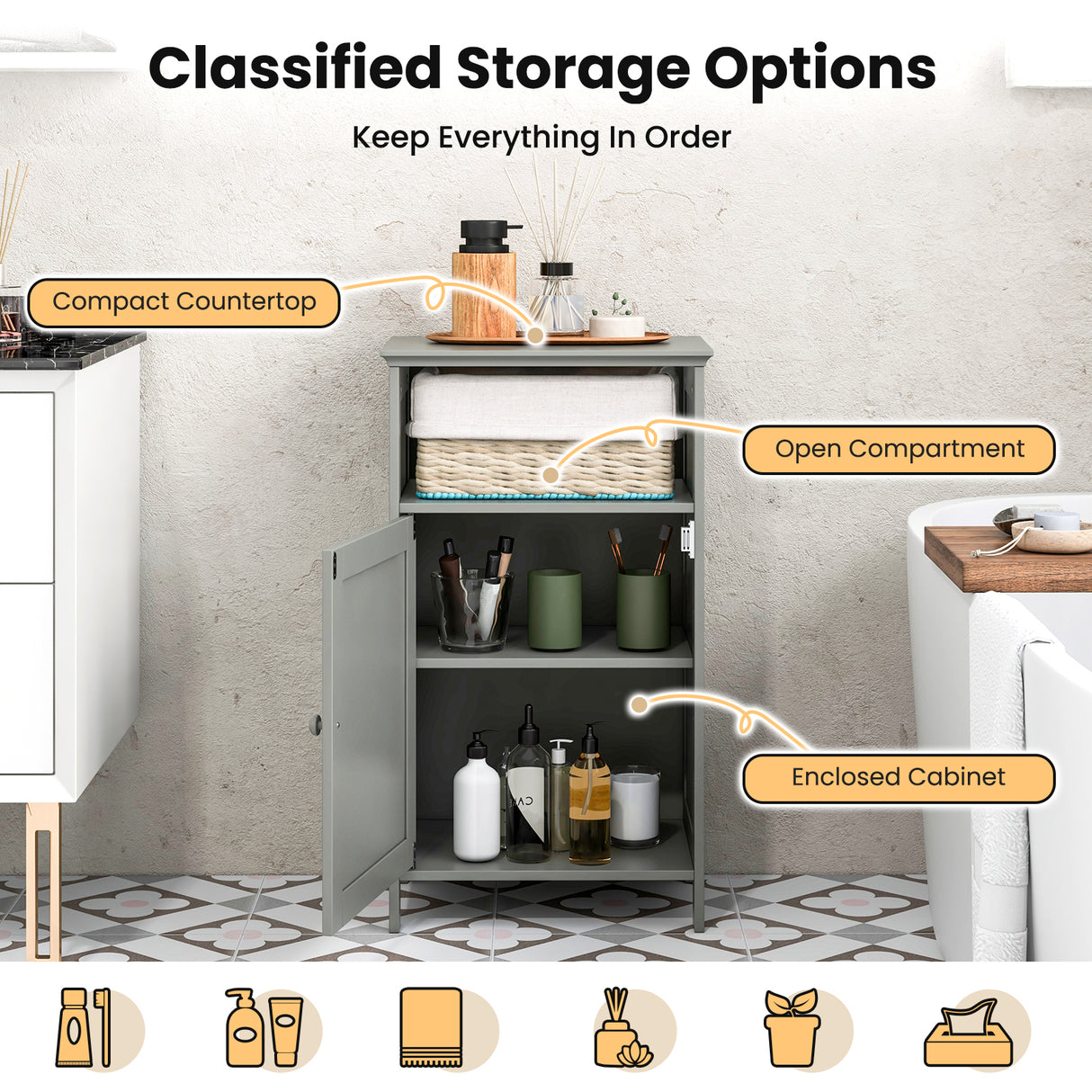 Bathroom Freestanding  Adjustable Shelf Floor Storage Cabinet