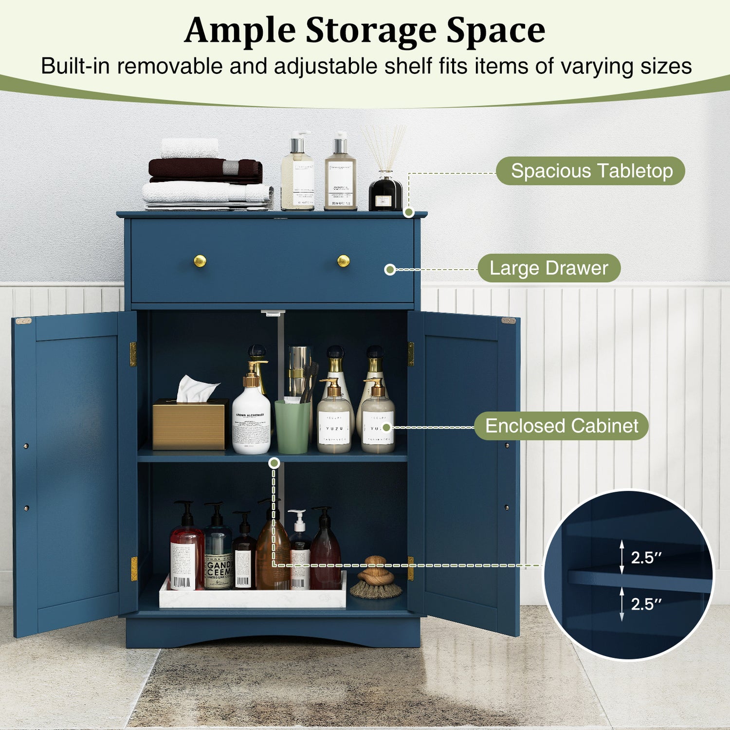 Floor Storage Cabinet with Doors Modern Buffet Sideboard with Drawer and Adjustable Shelf-Navy Blue