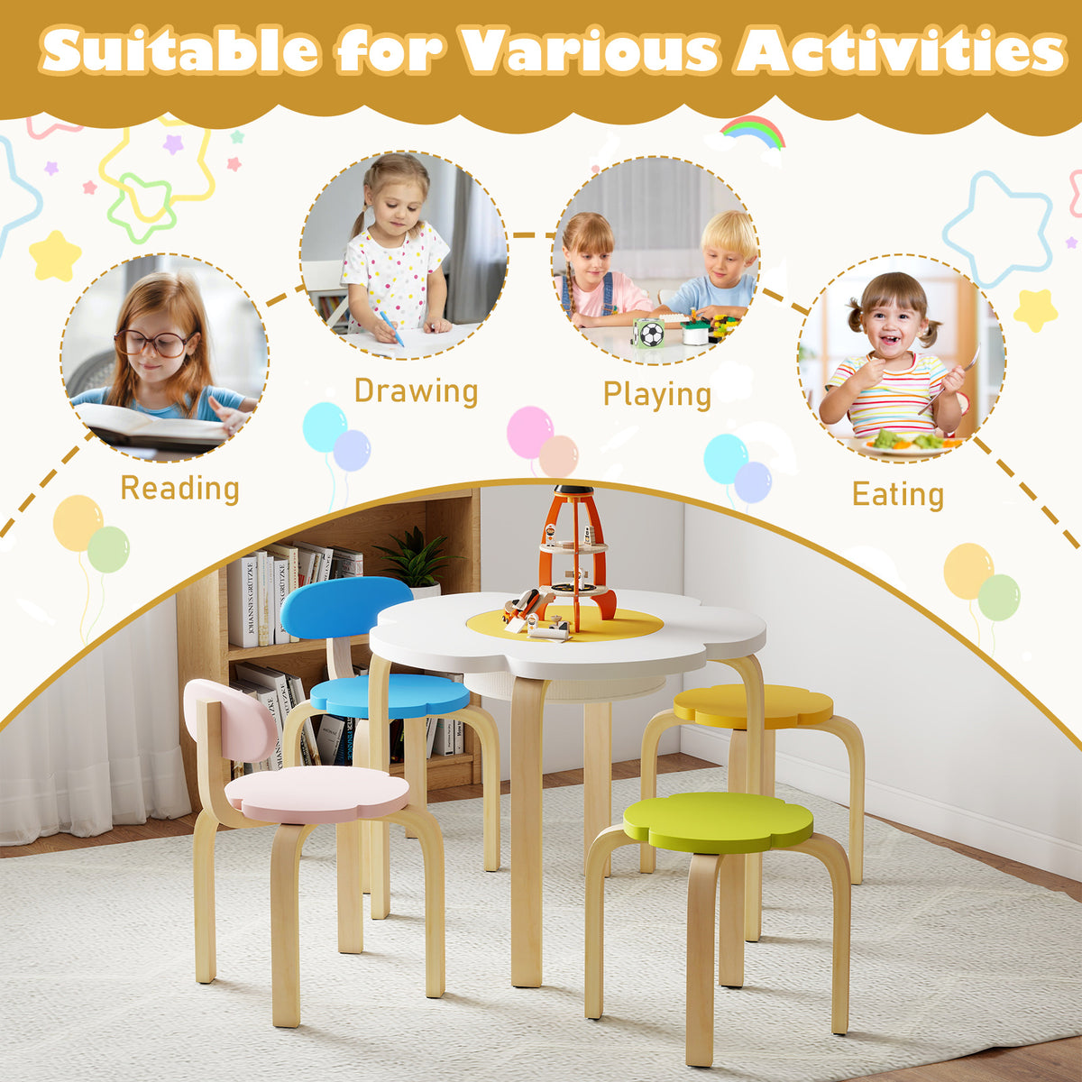 Flower-shaped Children Table Set Wooden Play and Activity Table with 2 Colorful Chairs and Stools-Multicolor