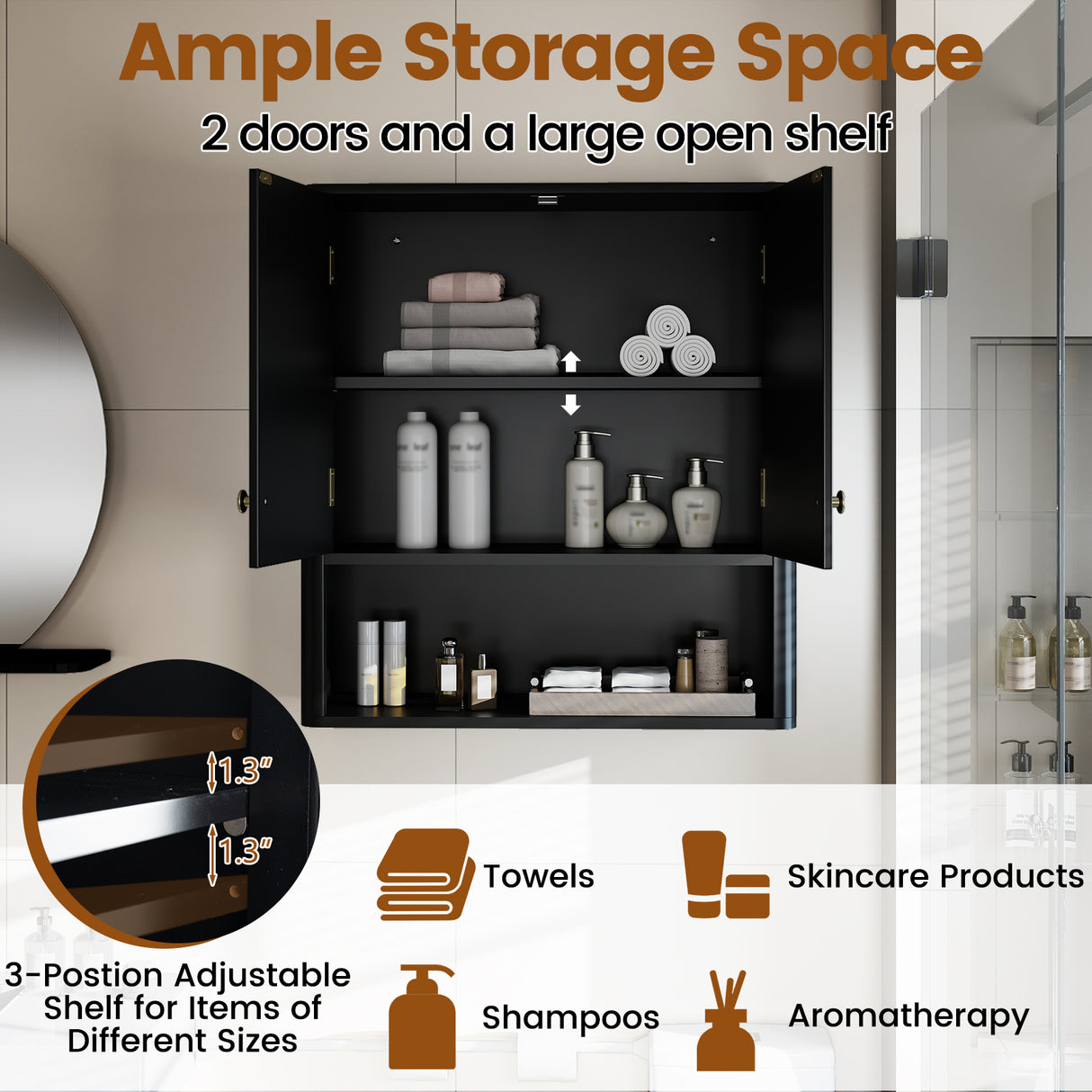 Fluted Bathroom Wall Cabinet with Open Shelf