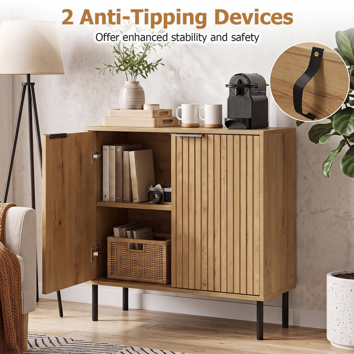 Fluted Buffet Cabinet with 2-Door Sideboard for Kitchen and Dining Room