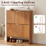 Fluted Hidden Shoe Cabinet with 2 Flip Drawers and Open Storage