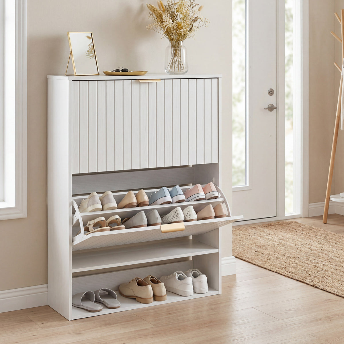 Fluted Hidden Shoe Cabinet with 2 Flip Drawers and Open Storage