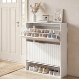 Fluted Hidden Shoe Cabinet with 2 Flip Drawers and Open Storage