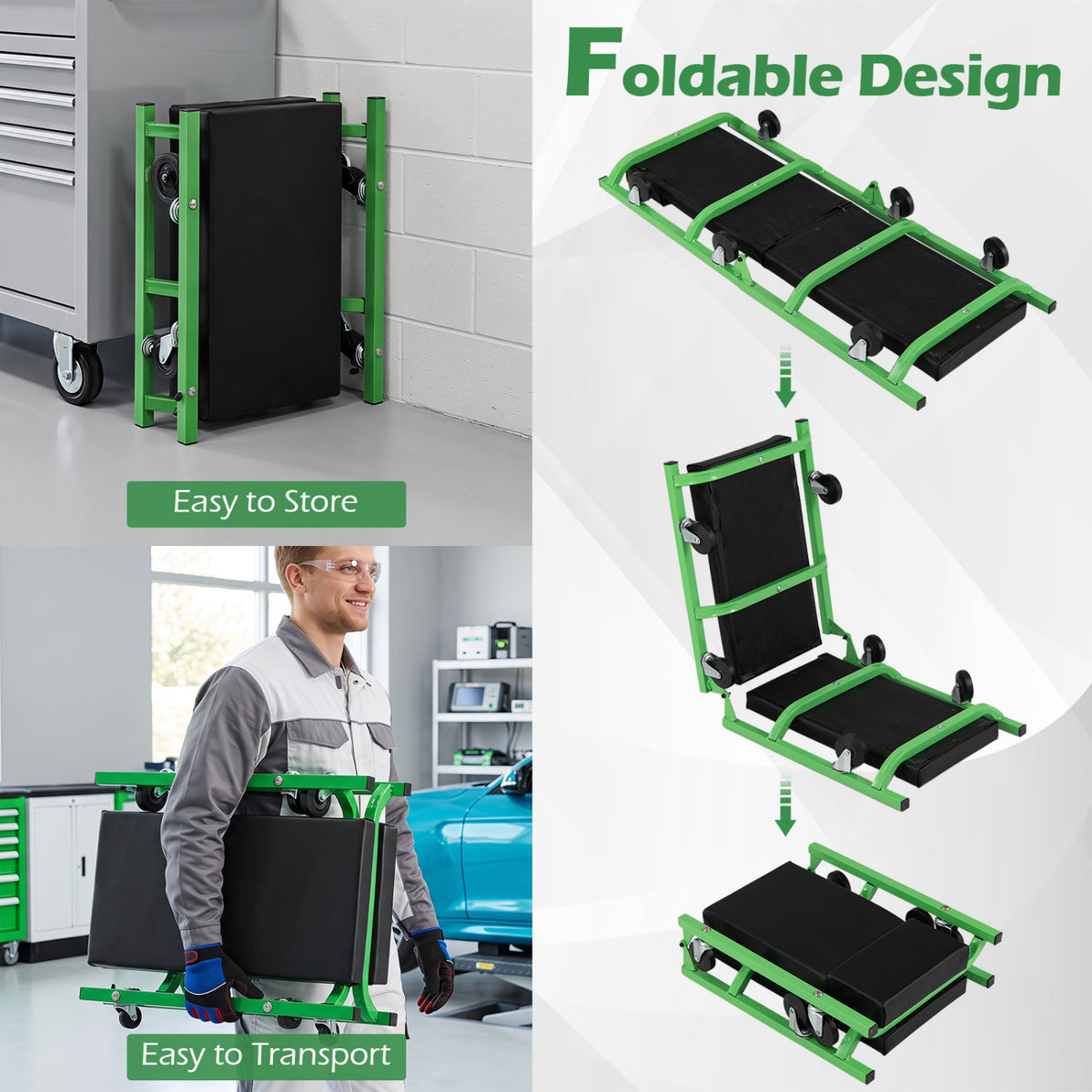 Foldable Automotive Creeper with 360Â° Swivel Wheels 330 lbs for Garage-Green