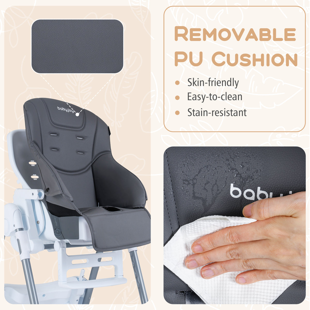 Foldable Baby High Chair with Adjustable Height and Relining Seat