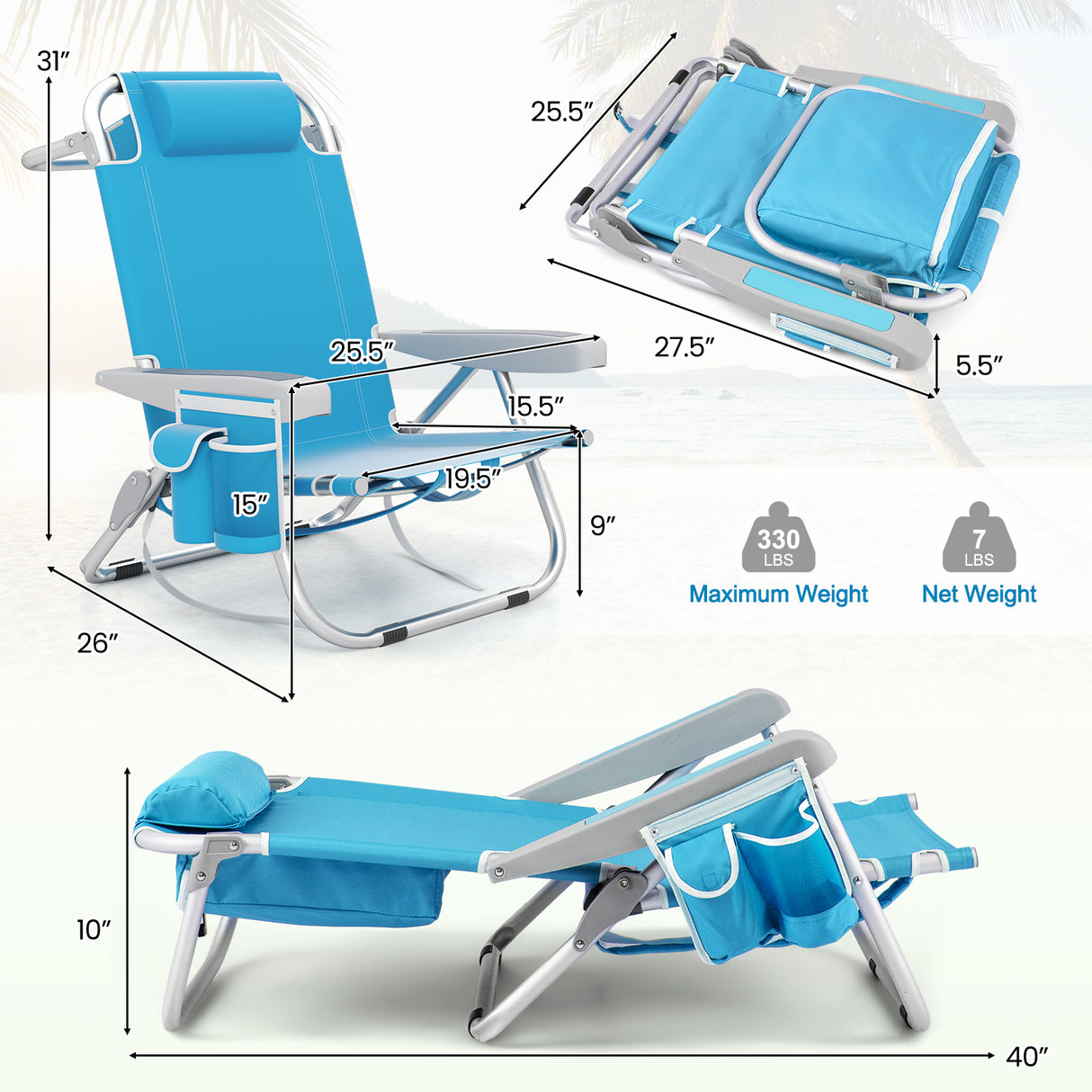 Foldable Backpack Beach Chair with Cup Holder and Storage Pockets Set of 2