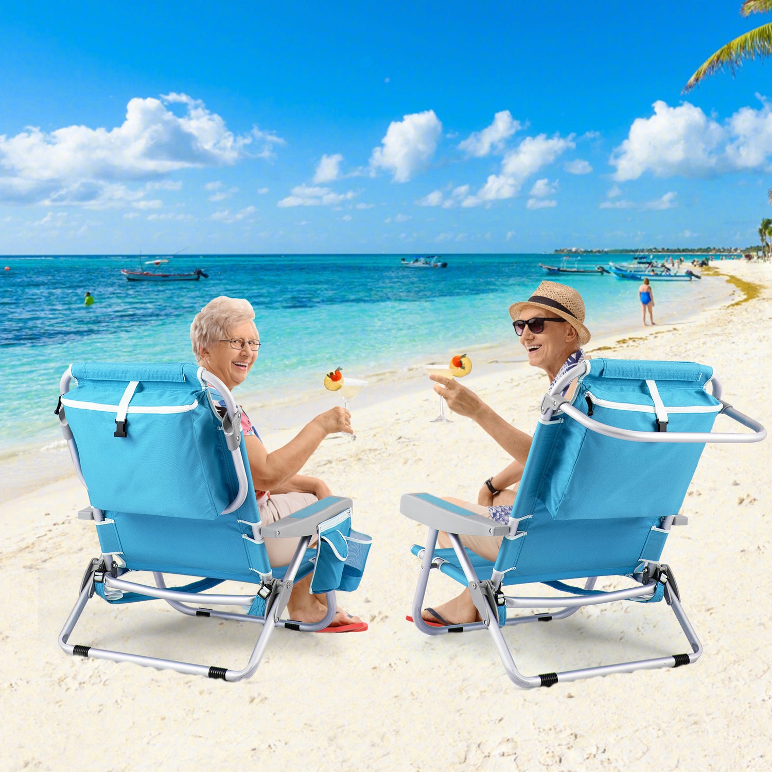 Foldable Backpack Beach Chair with Cup Holder and Storage Pockets Set of 2