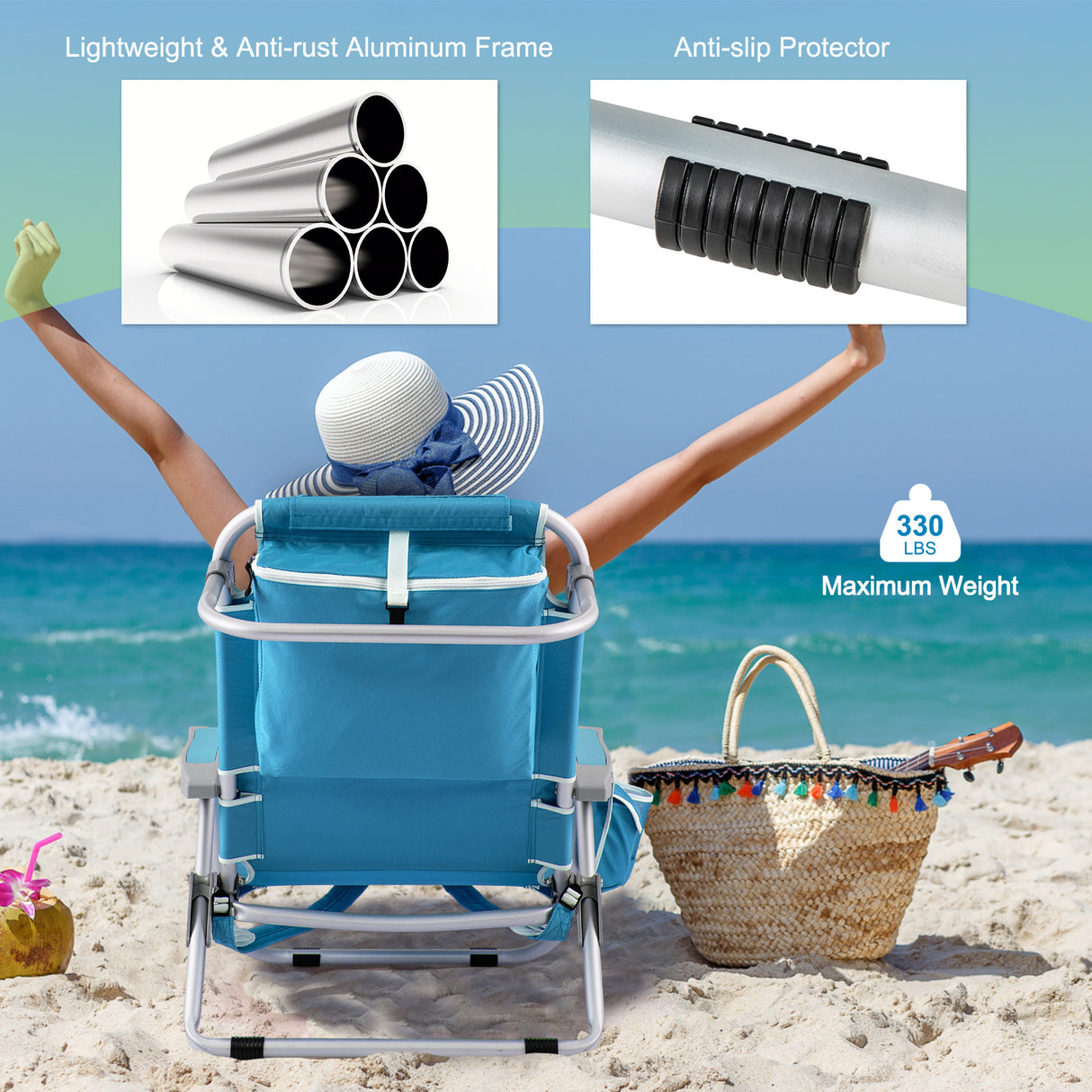 Foldable Backpack Beach Chair with Cup Holder and Storage Pockets Set of 2
