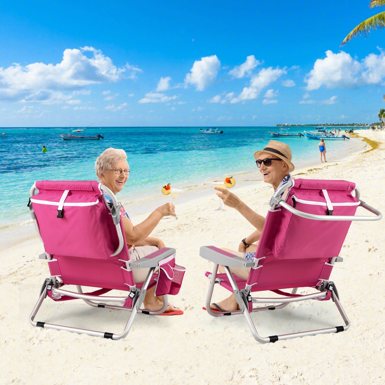 Foldable Backpack Beach Chair with Cup Holder and Storage Pockets Set of 2