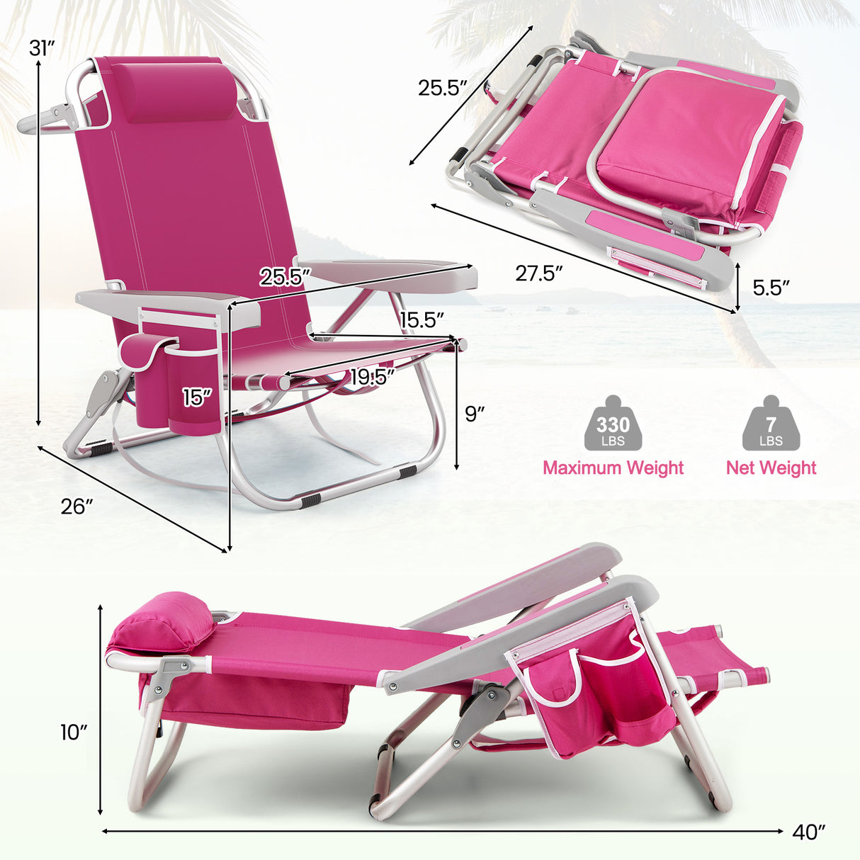 Foldable Backpack Beach Chair with Cup Holder and Storage Pockets Set of 2