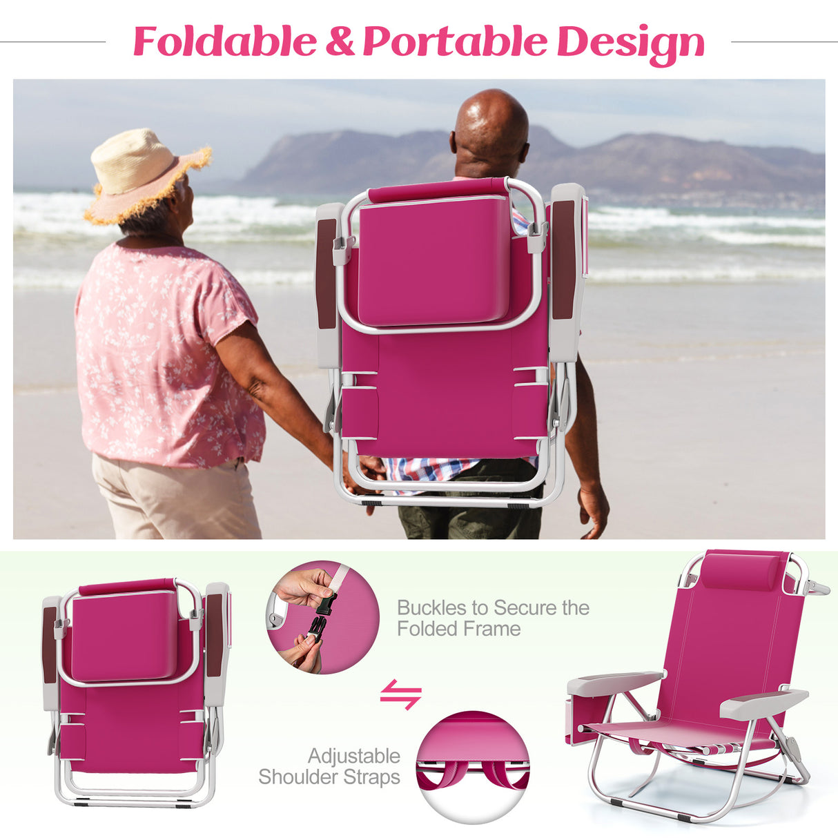 Foldable Backpack Beach Chair with Cup Holder and Storage Pockets Set of 2