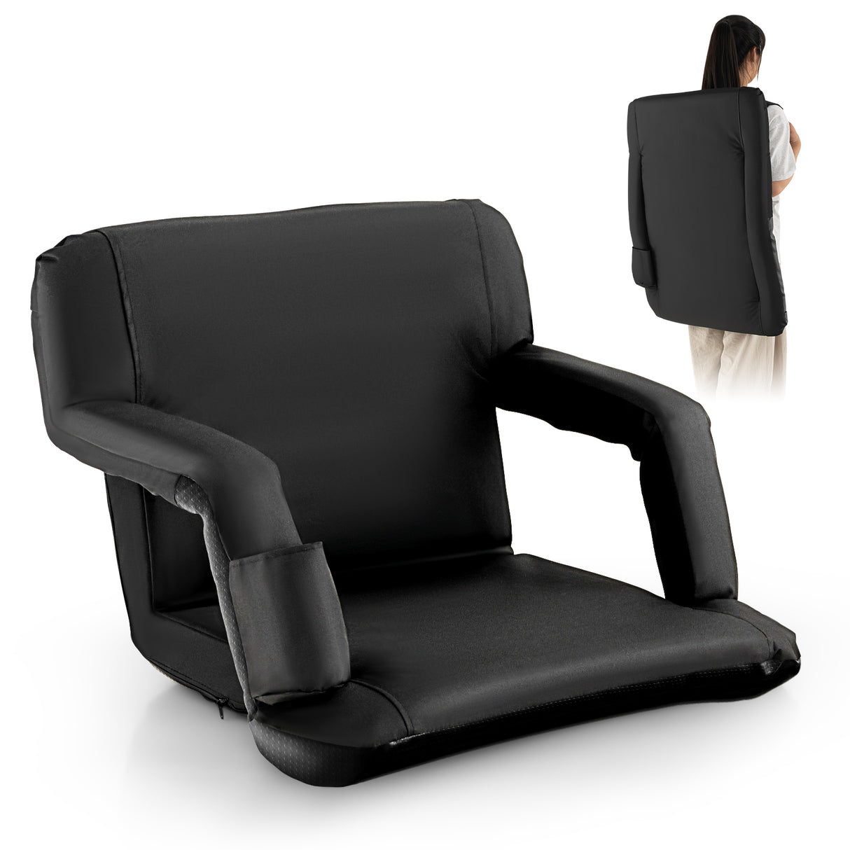Foldable Bleacher Chair with 6 Reclining Positions and Padded Cushion-Black