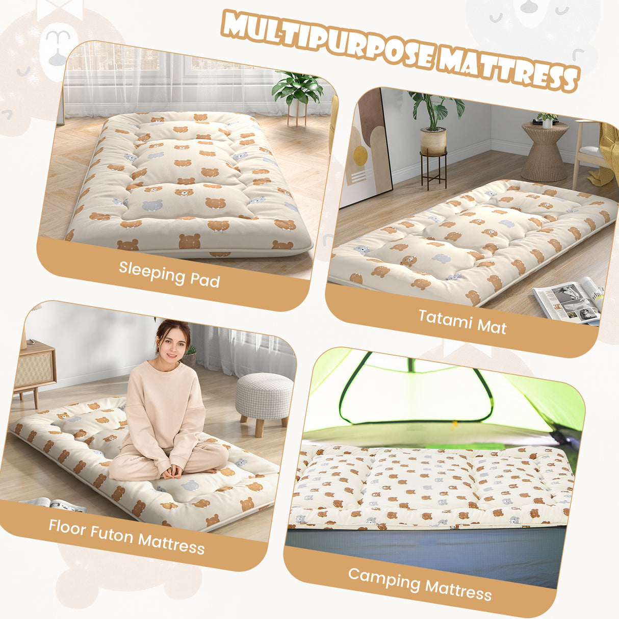 Foldable Futon Mattress with Washable Cover and Carry Bag for Camping