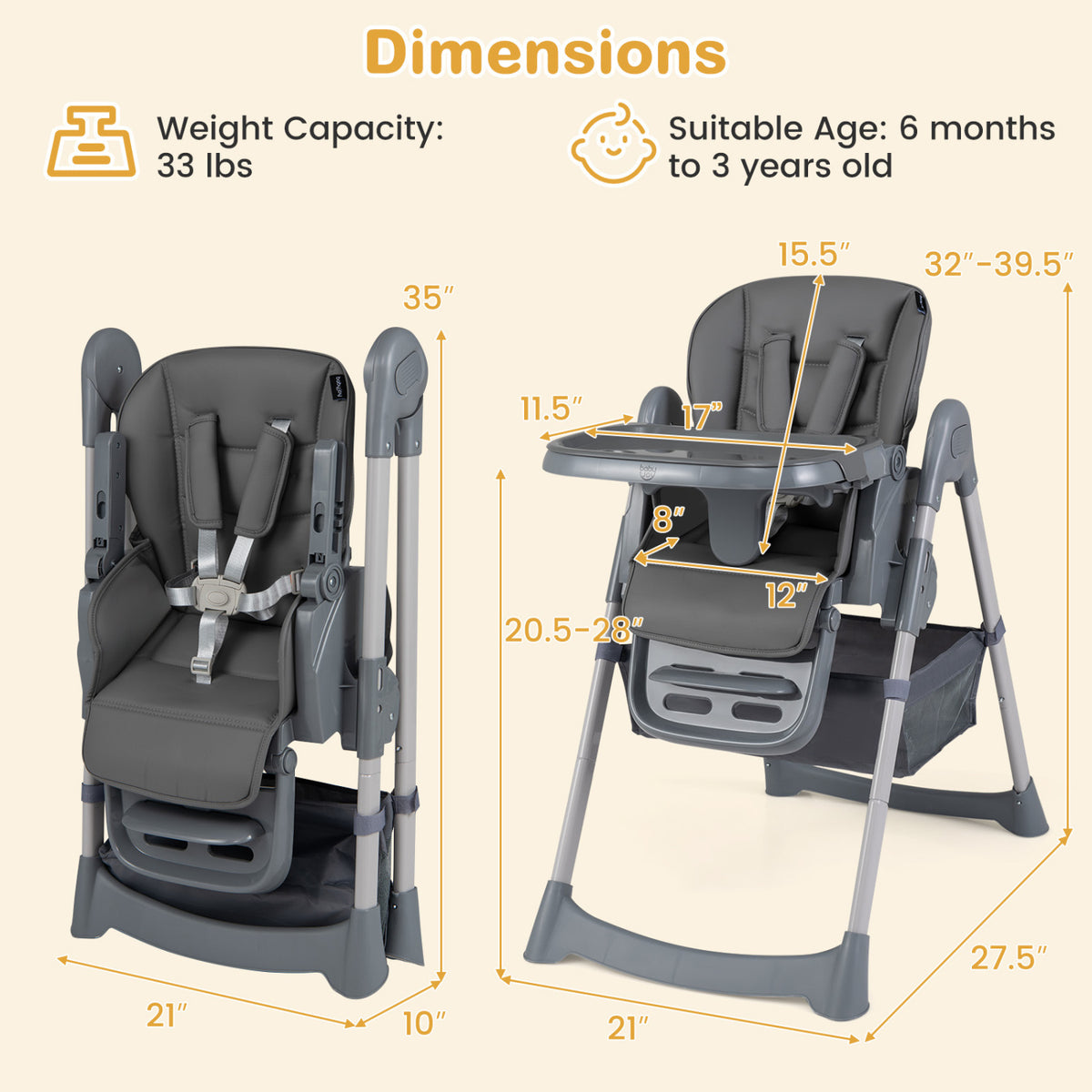 Foldable High Chair with 7-Level Height Adjustment for Babies and Toddlers-Gray