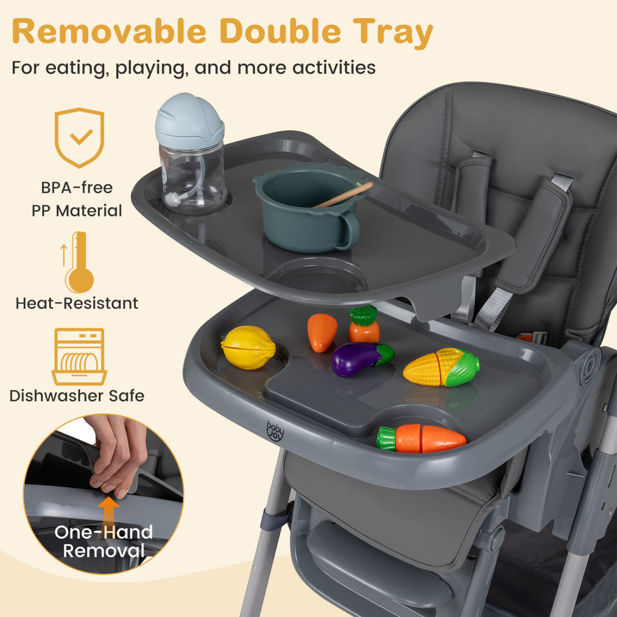 Foldable High Chair with 7-Level Height Adjustment for Babies and Toddlers-Gray