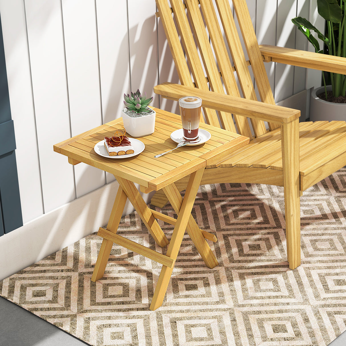 Teak Wood Square Coffee Table with X-shaped Legs and Slatted Tabletop