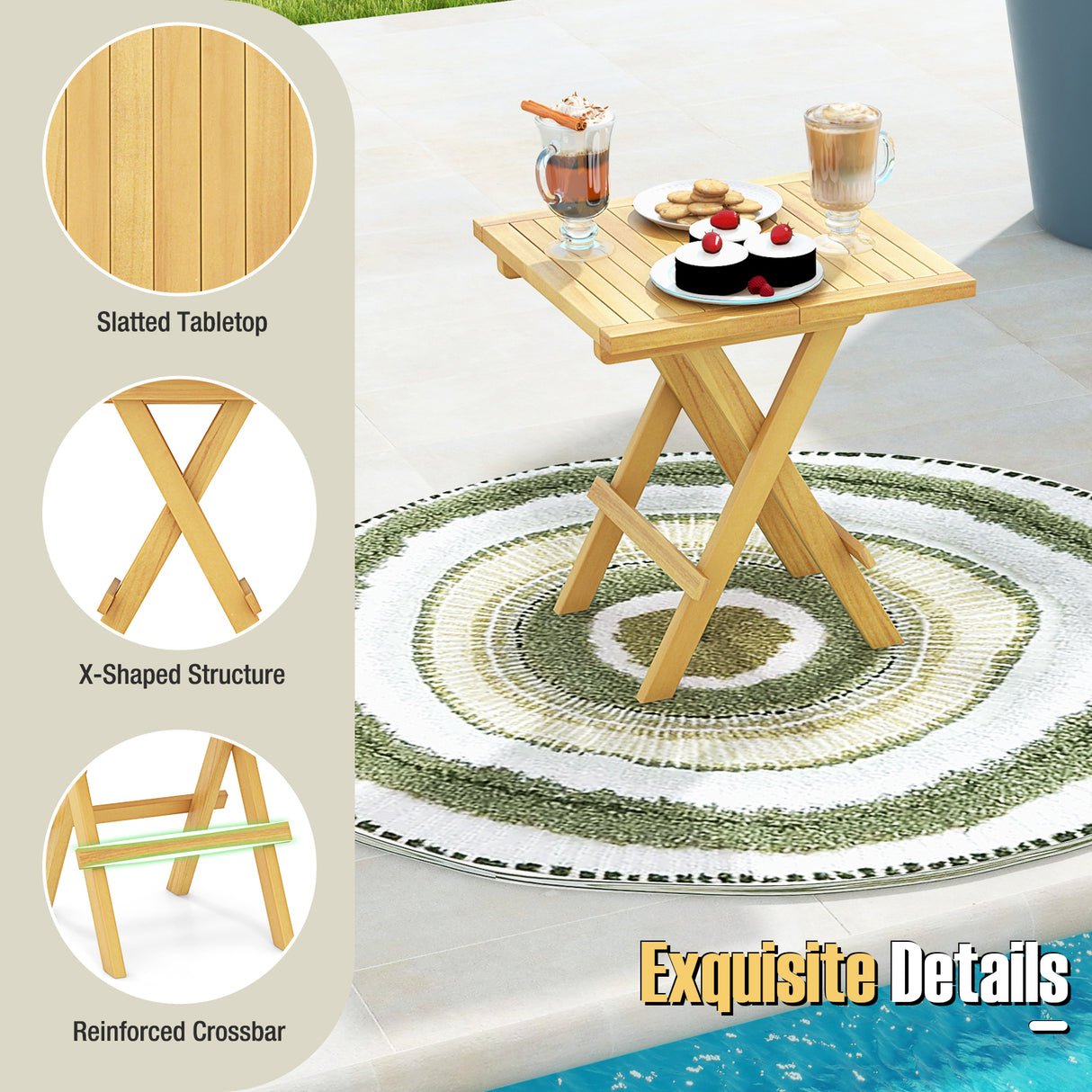 Teak Wood Square Coffee Table with X-shaped Legs and Slatted Tabletop