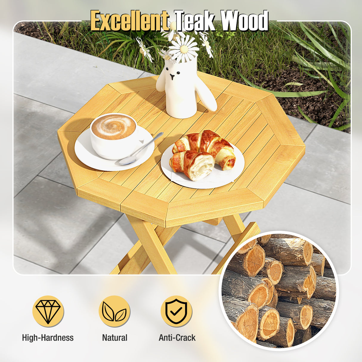 Teak Wood Octagon Coffee Table with X-shaped Legs and Slatted Tabletop