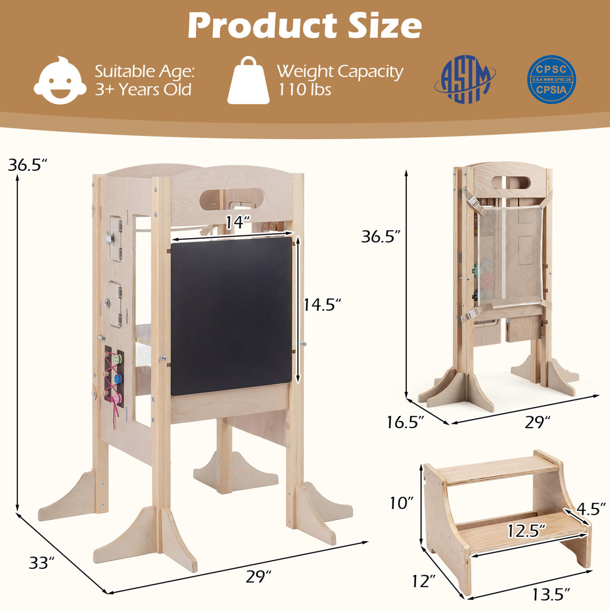 Foldable Toddler Step Stool Wooden Kitchen Standing Tower with 2-Step Stool