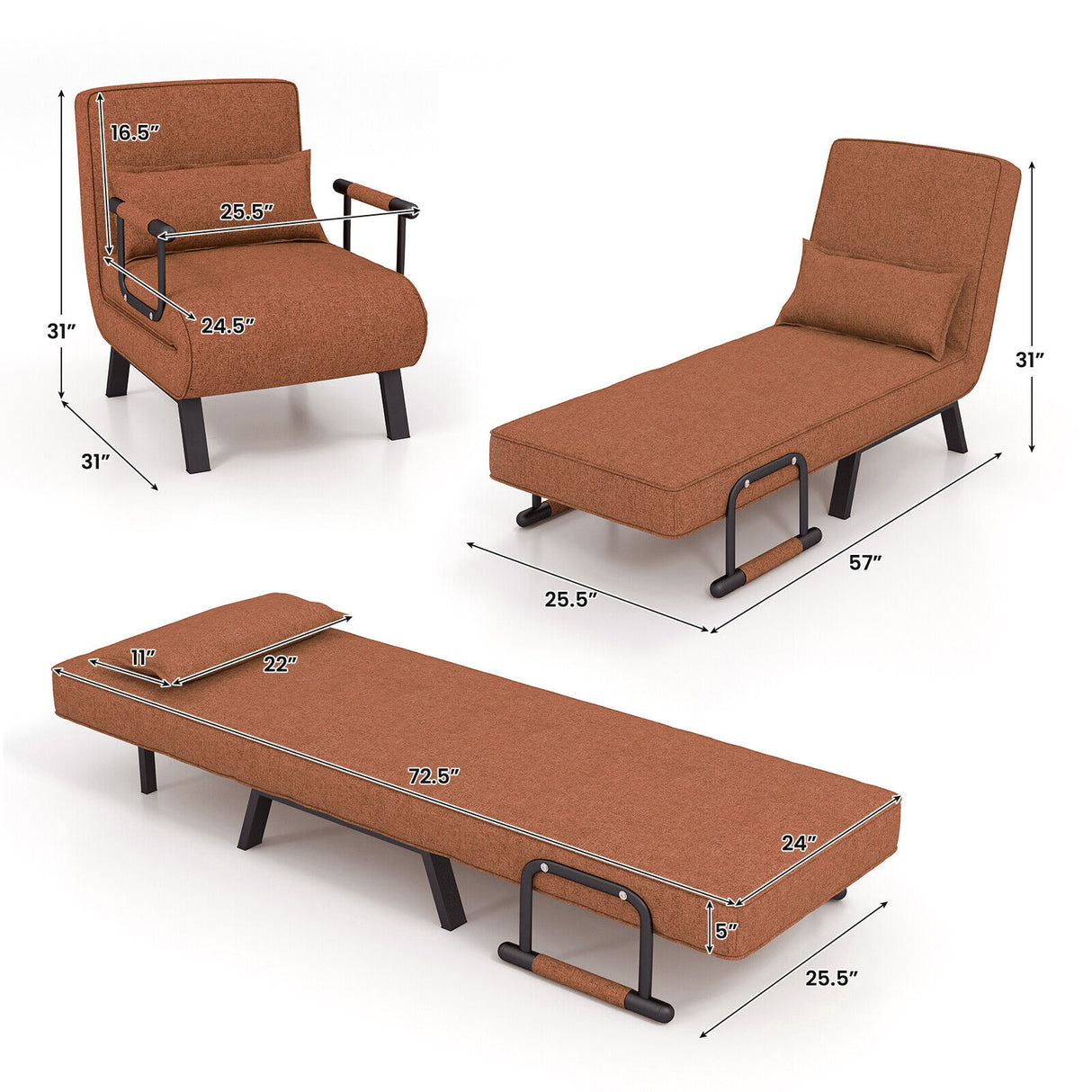 Folding 6 Position Convertible Sleeper Bed Armchair Lounge Couch with Pillow