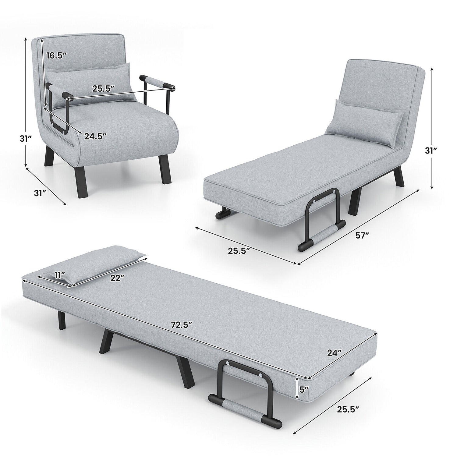 Folding 6 Position Convertible Sleeper Bed Armchair Lounge Couch with Pillow
