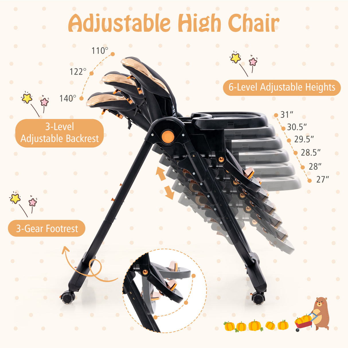 Folding Baby Dining High Chair with Adjustable Height and Recline