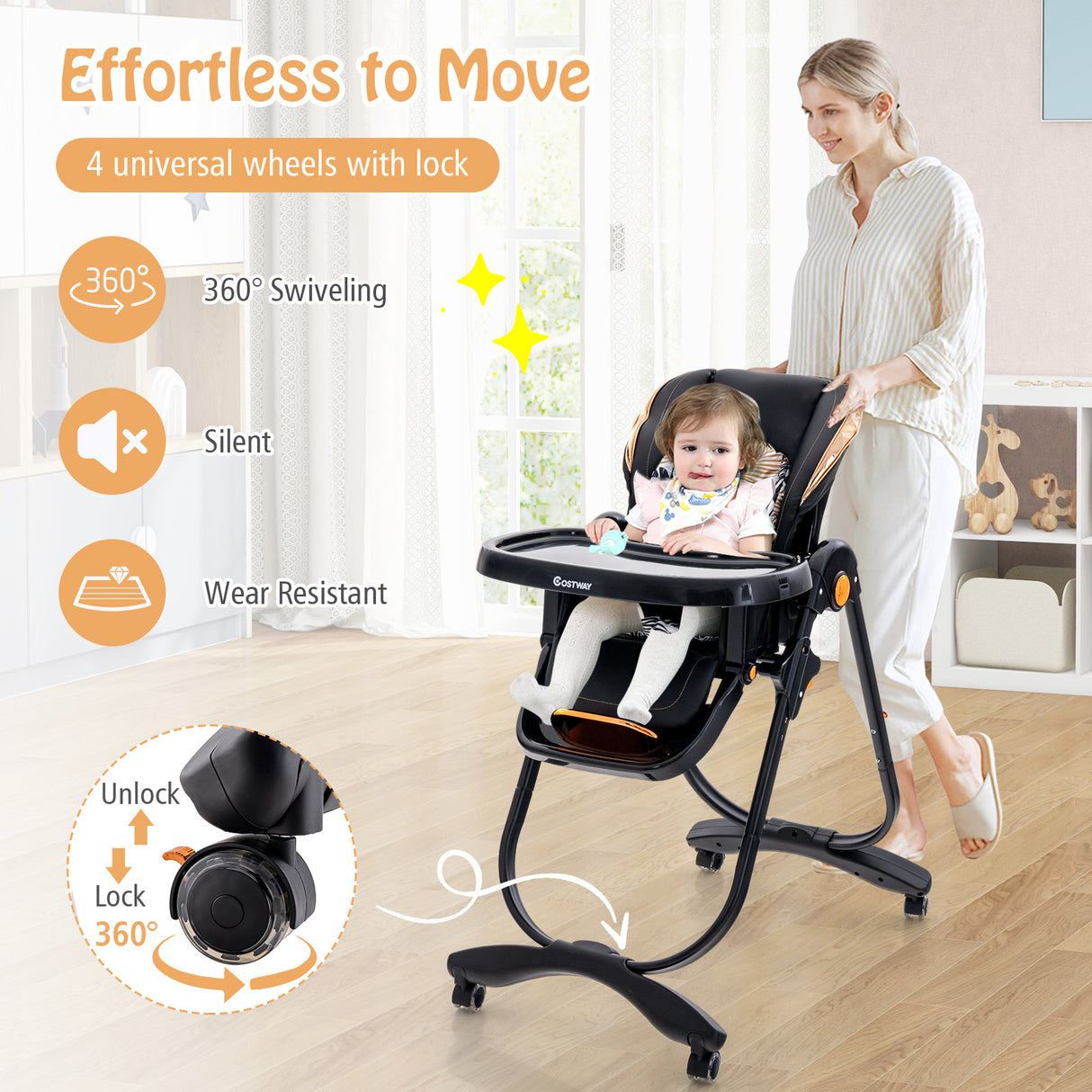 Folding Baby Dining High Chair with Adjustable Height and Recline