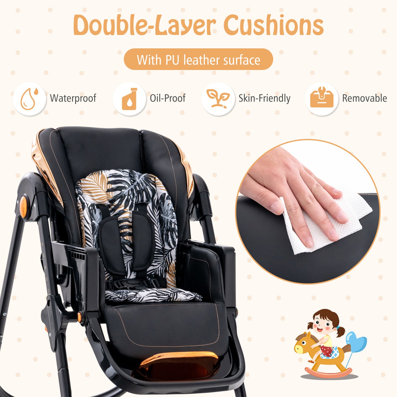 Folding Baby Dining High Chair with Adjustable Height and Recline
