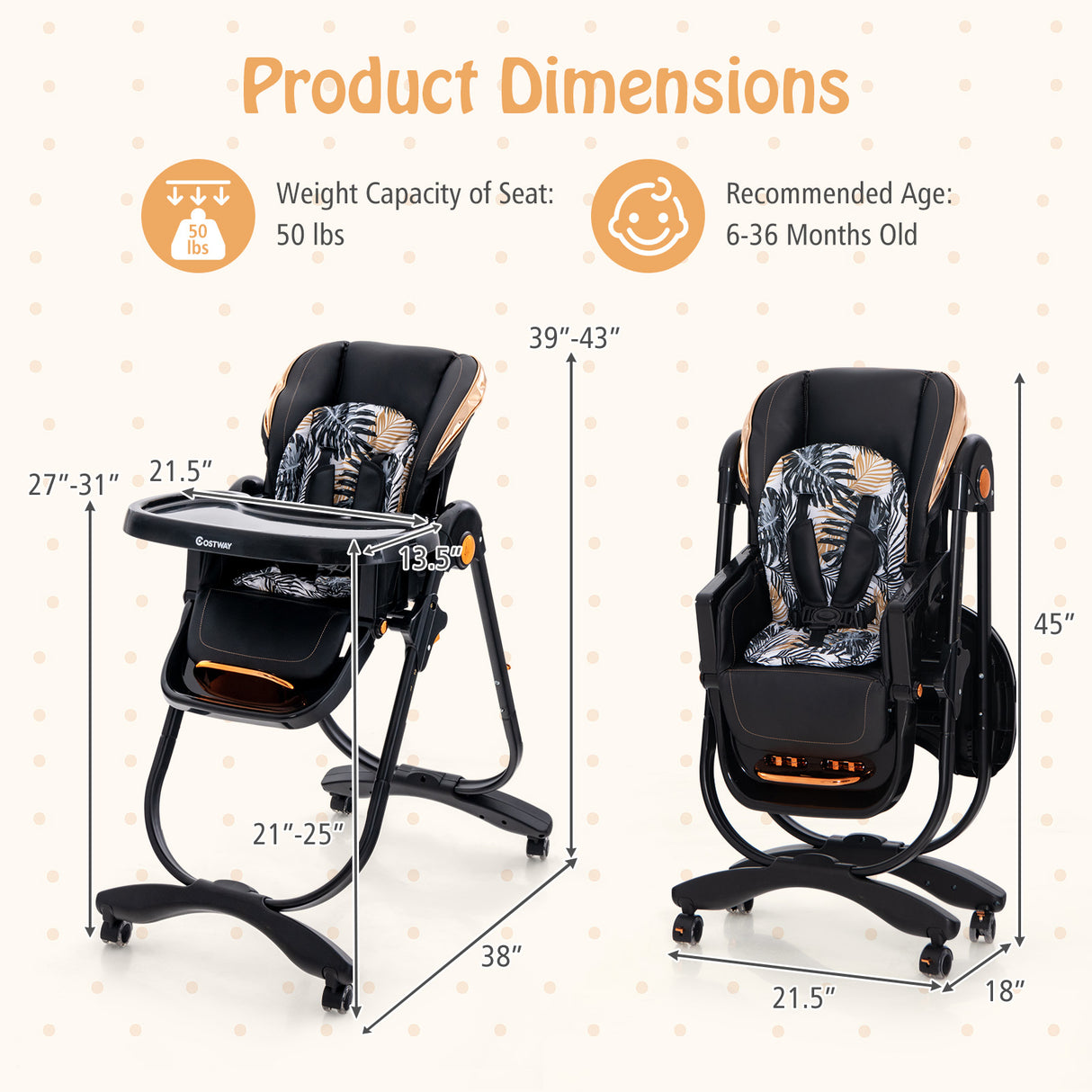 Folding Baby Dining High Chair with Adjustable Height and Recline