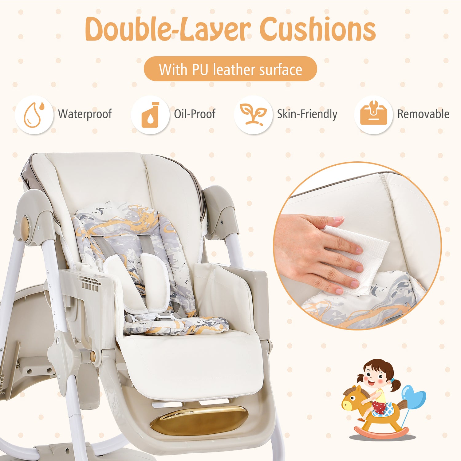 Folding Baby Dining High Chair with Adjustable Height and Recline