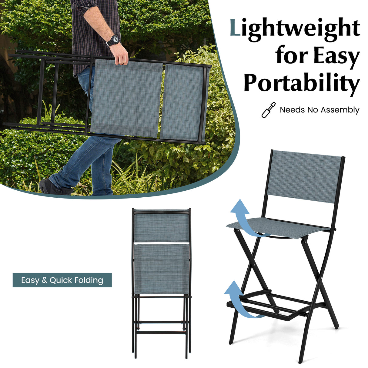 Folding Bar Stools Set of 2 Backrest Humanized Footrest-Blue