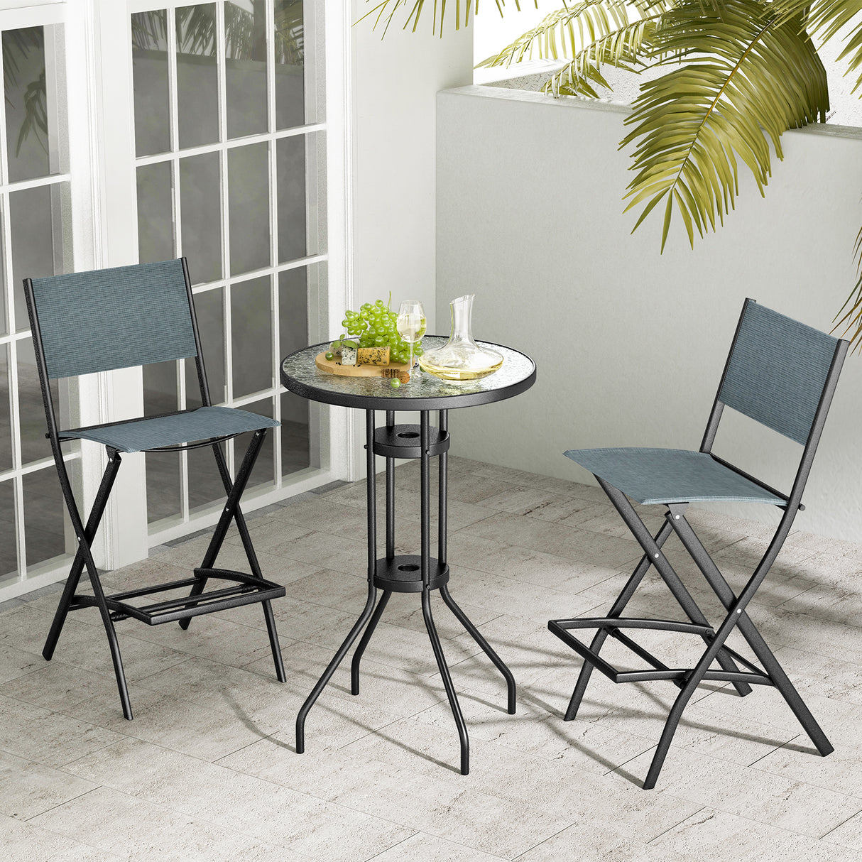 Folding Bar Stools Set of 2 Backrest Humanized Footrest-Blue