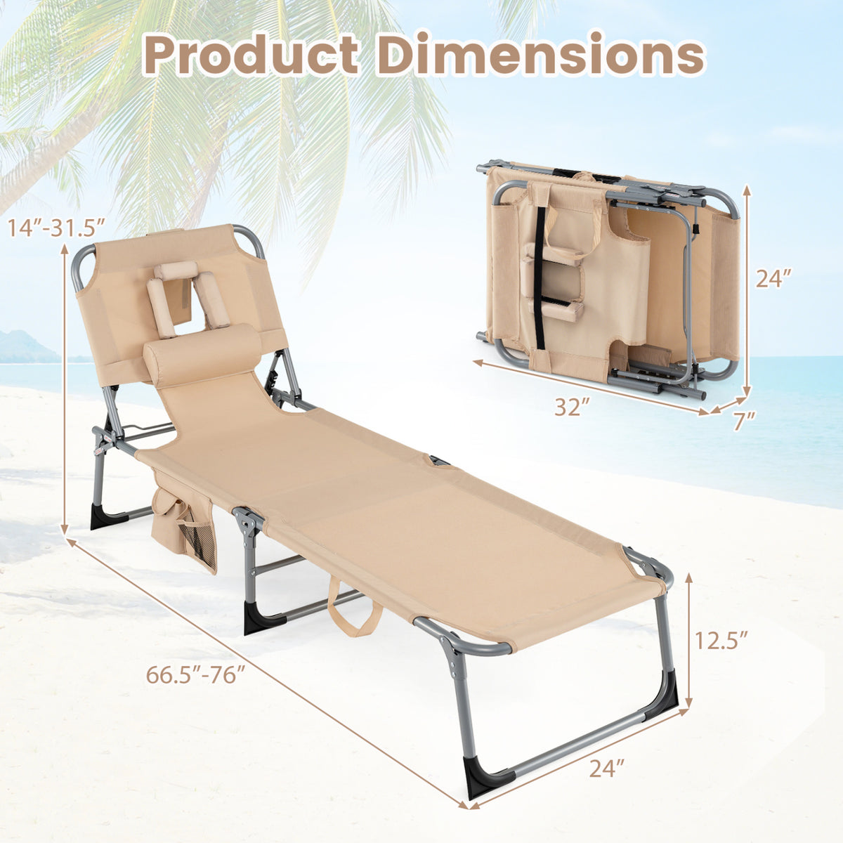 Folding Beach Lounge Chair with Pillow for Outdoor
