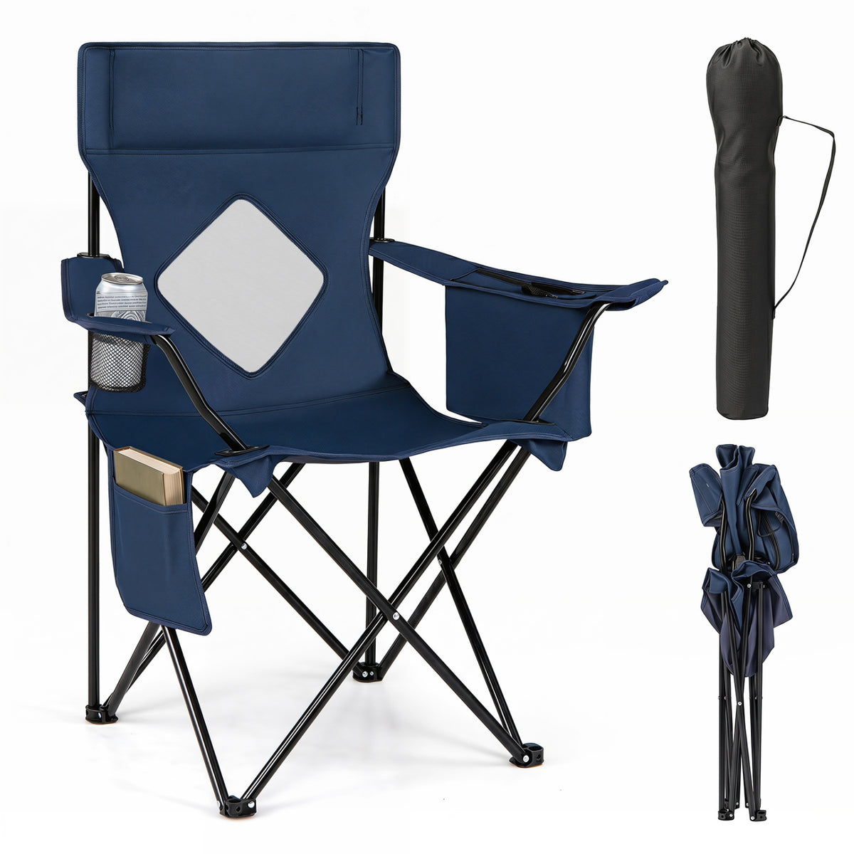 Folding Camping Chair with Mesh Fabric Backrest Solid Metal Frame and Carrying Bag