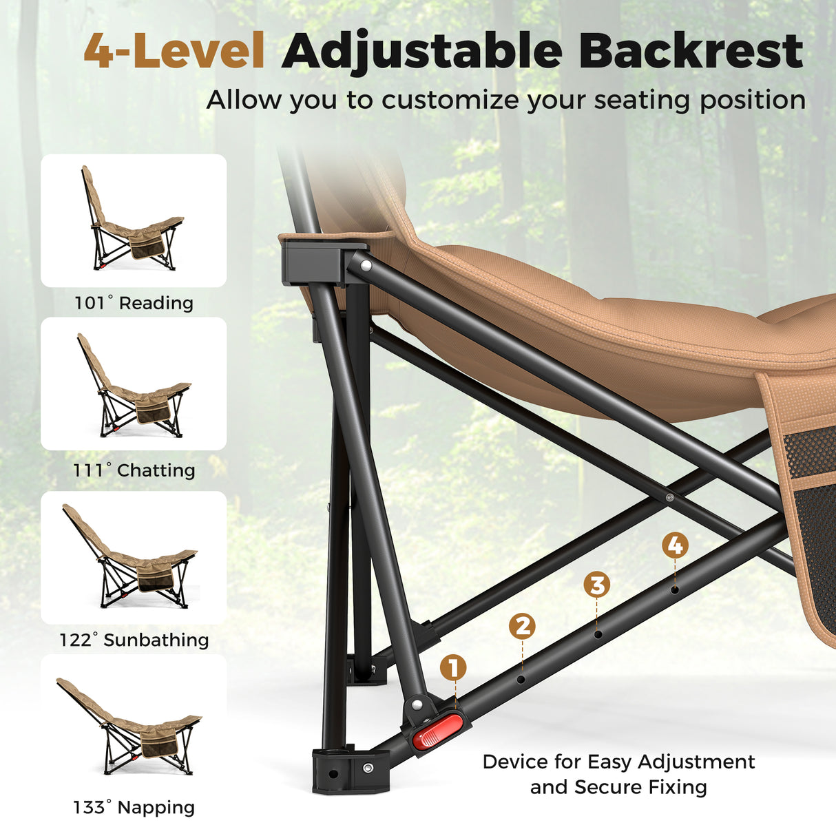 Folding Camping Chair for Adults with Adjustable Backrest and Carrying Bag-Khaki