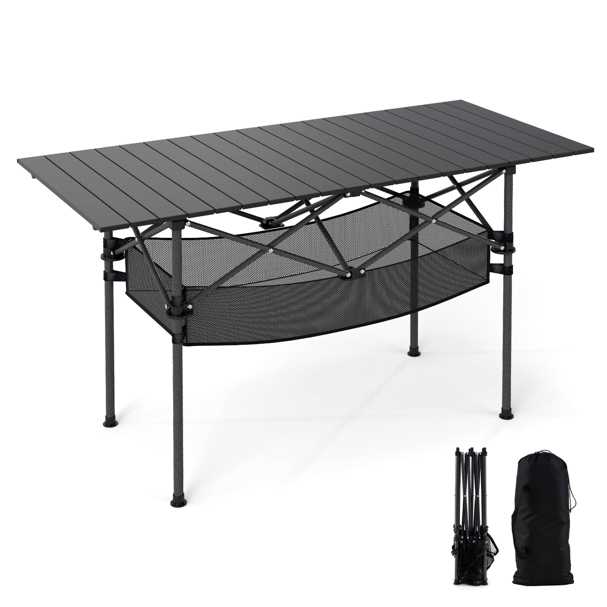 Patio Folding Camping Table with Roll-up Tabletop and Mesh Basket