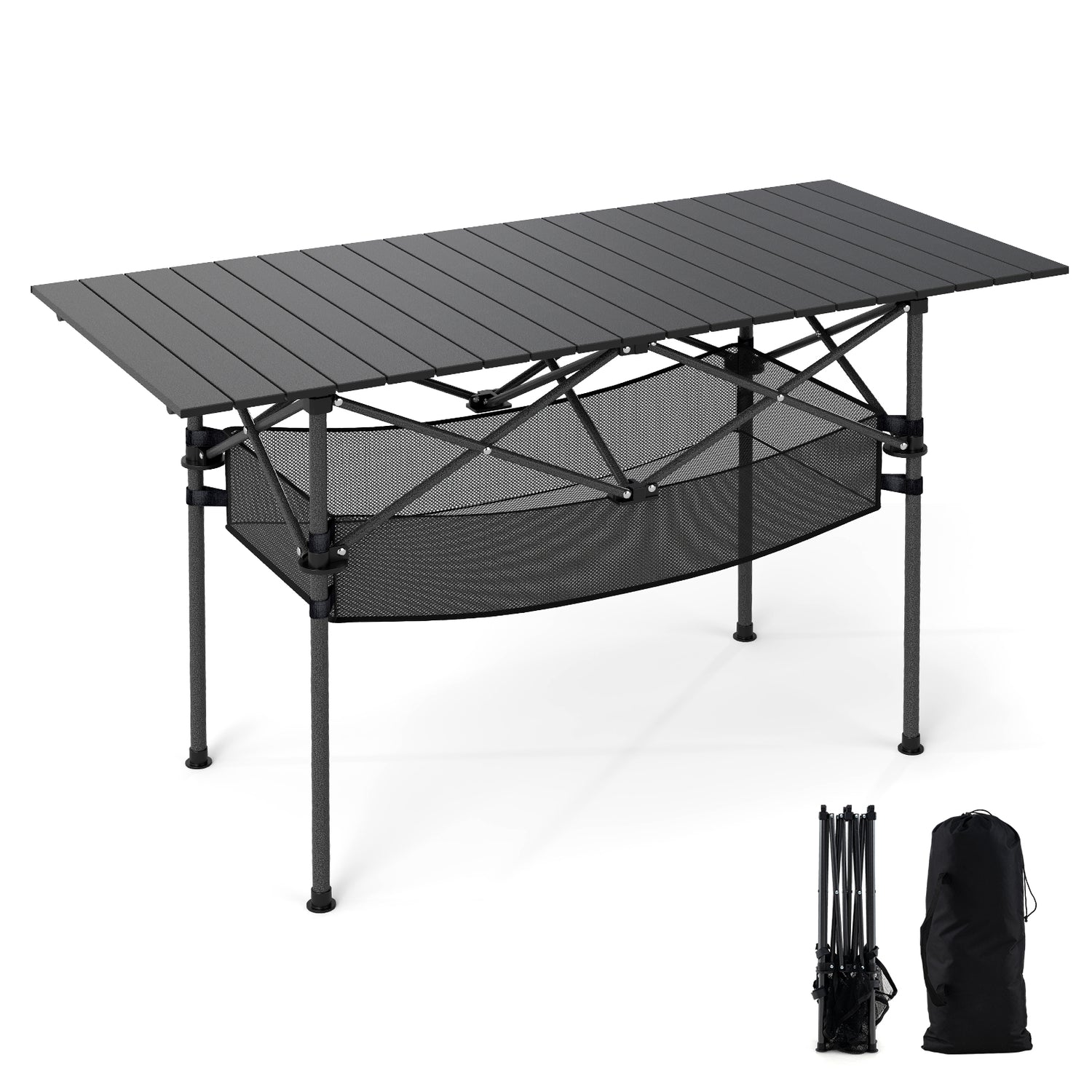 Patio Folding Camping Table with Roll-up Tabletop and Mesh Basket