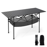 Patio Folding Camping Table with Roll-up Tabletop and Mesh Basket
